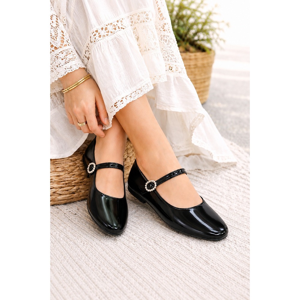 J. Crew Factory Mary‎ Jane Ballet Flats Women 8.5 Black Faux Patent Pearl Buckle